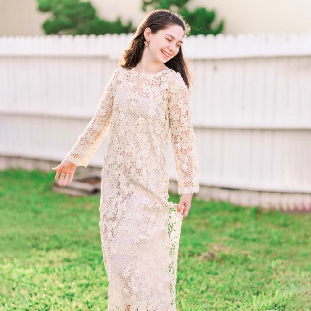 Cream heavy lace vintage long sleeve maxi dress with side slits